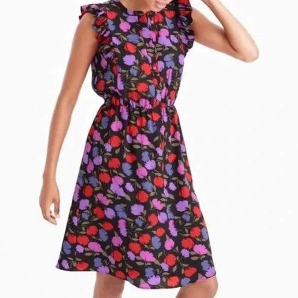 J.Crew Vibrant Floral Flutter Sleeve Black Silk Button Front‎ MIDI Dress  2