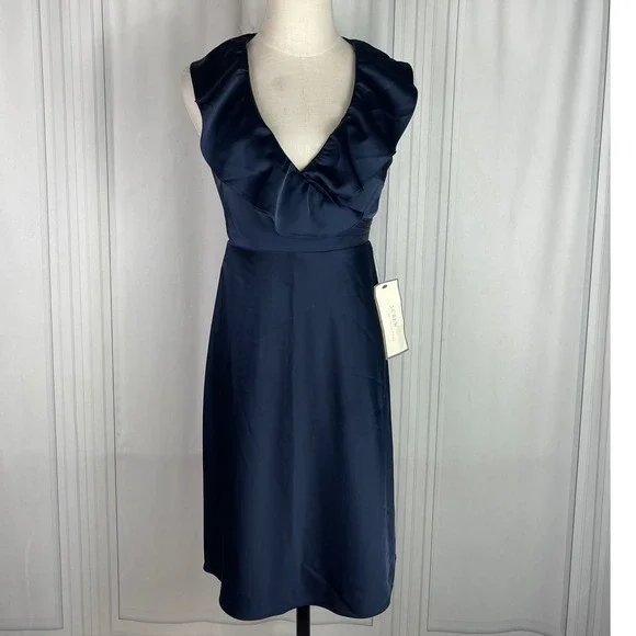 NWT J. Crew Navy Satin Sleeveless Ruffle Neck Fit & Flare‎ Cocktail Dress - 2P