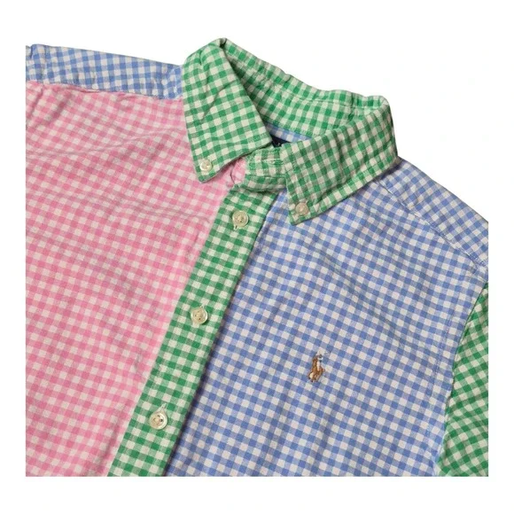 Polo Ralph Lauren Boys M 10-12 Colorblock Gingham Button Shirt Pony‎ Preppy