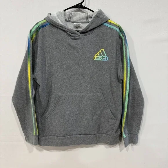 Adidas Kids Gray Heather Rainbow Stripe Pullover Hoodie Gradient Logo Sweatshirt