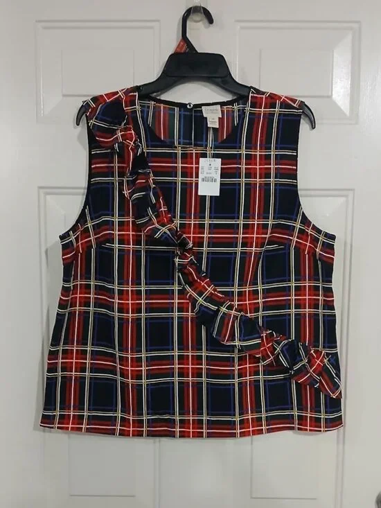 J. Crew Factory Tartan Plaid Taffeta Ruffle Tank Top Red Holiday Women's