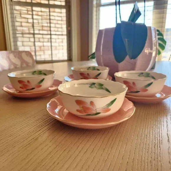 Vintage Japanese Arita ware dessert custard cups pastel cream pink floral set of