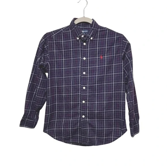 Ralph Lauren Boys Navy Plaid Long Sleeve Button Down Shirt Size M 10-12