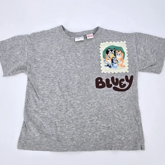 Zara Kids Bluey Family‎ Postage Stamp Flocked Grey Graphic T-Shirt Size 5-6Y