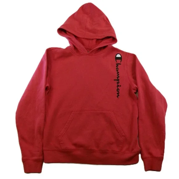 Champion Kids XL Hoodie Red Vertical Script Logo‎ Fleece Pullover CHB396