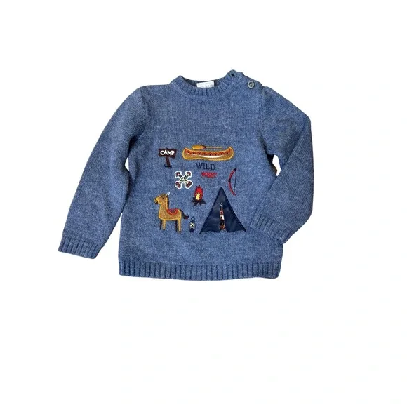 Cloudy Kids Sweater Youth 4 Years Blue‎ Wool Blend Camp Wild West Embroidered
