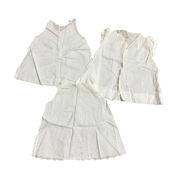 Vintage Baby Lot 3 Hand Embroidered White Cotton Tops Philippines Floral Scallop