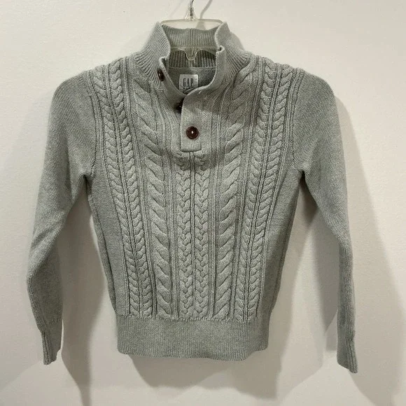 GAP Kids Boys 8 Chunky Cable Knit‎ Fisherman Mock Neck Button Up Sweater Gray