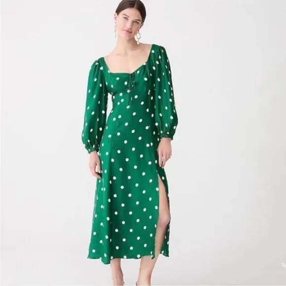 J Crew Midi Dress Women's Green White Polka Dot Long Sleeve  Sweetheart Sz 4