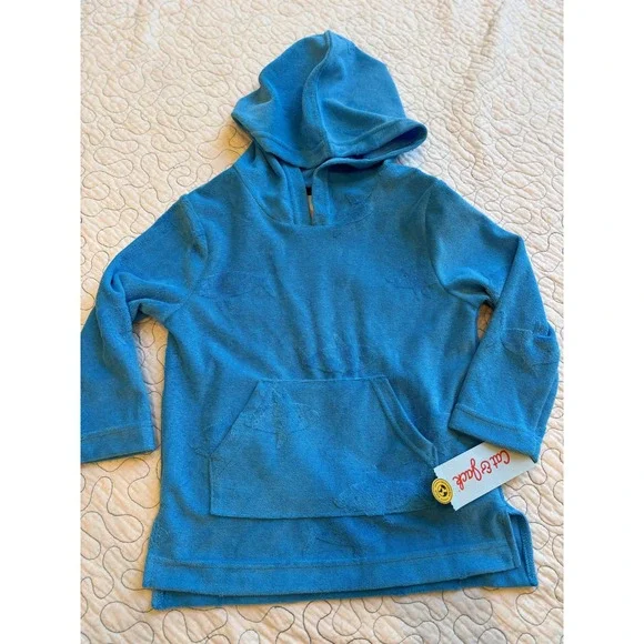 Cat & Jack Boys Blue Shark Embossed Terry Cloth Hoodie Pullover Size 4T‎