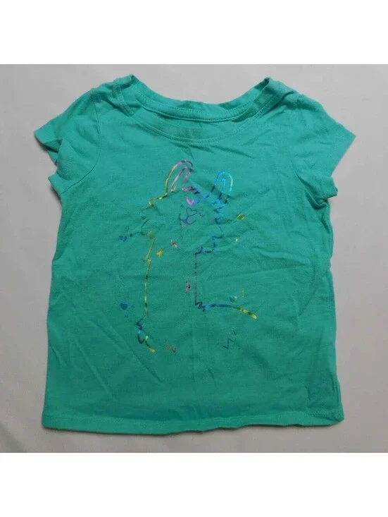 Cat & Jack Toddler Girls Teal Green Llama T Shirt Size 2T Rainbow Metallic Tee