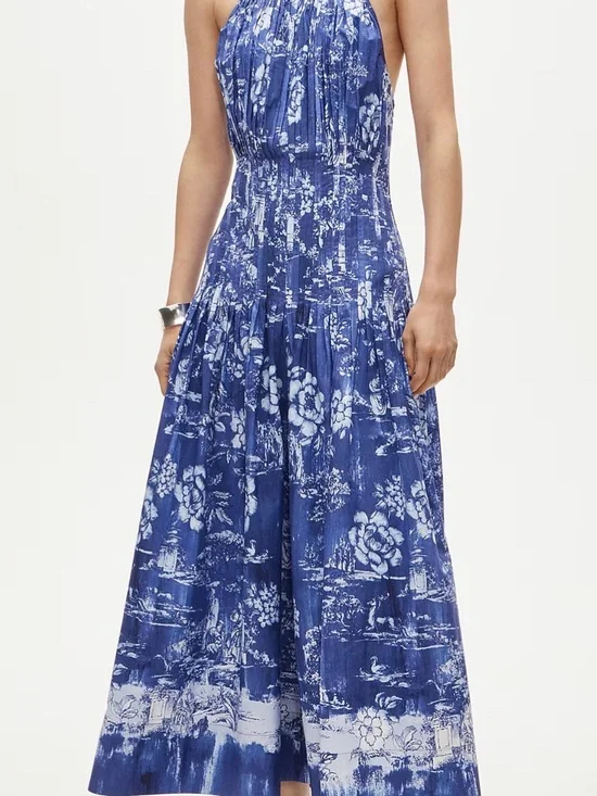 J.Crew Women’s Maxi Dress Open Back Halter Cotton Poplin Blue White Medium M NEW