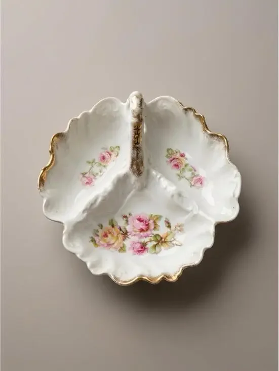 Vintage Made in Bavaria Porcelain Divided Dish with Floral Design and Gold Trim