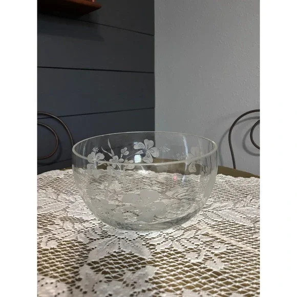 Vintage Etched Glass Floral Serving Bowl Frosted Flower Clear 8 Inch Round