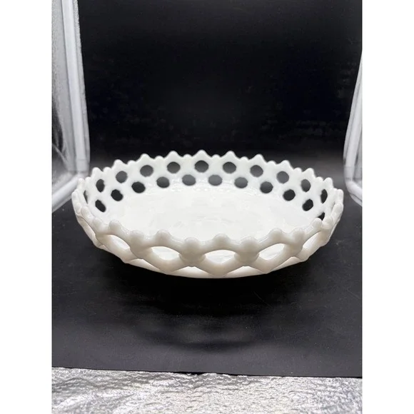 Vintage Milk Glass Lace Edge Bowl White Lattice Open Work Centerpiece 9.5 Inch