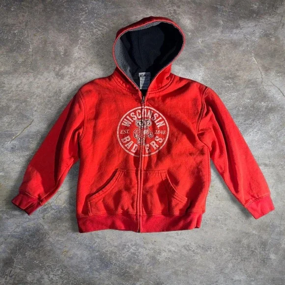 Wisconsin Badgers Red Full Zip Hooded Sweatshirt Youth Size 3/10