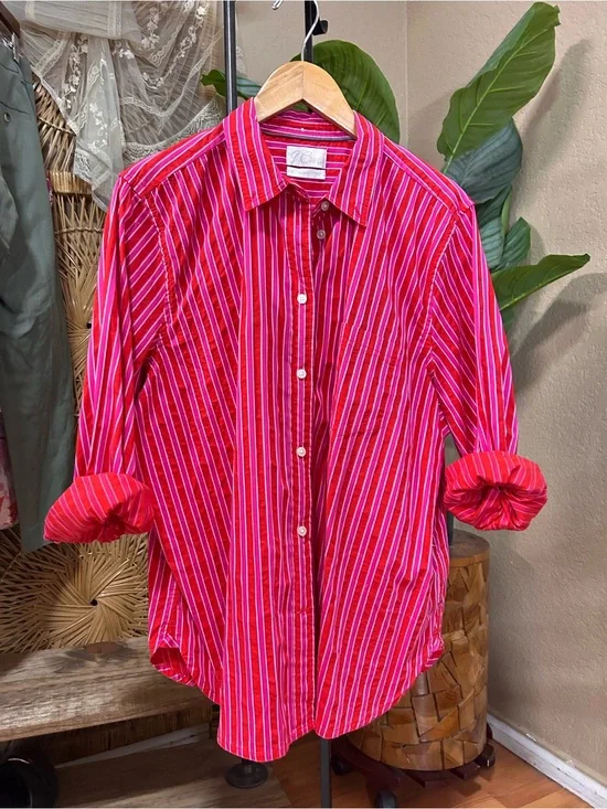 J. Crew cotton striped button up shirt pink red size 22 with chest pocket plus