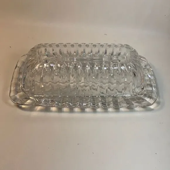 Clear Glass Starburst Ribbed Butter Dish & Lid Vintage Home Kitchen Decor