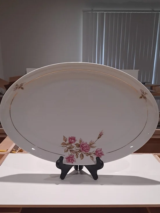 VINTAGE White Floral Porcelain Serving Platter with Pink Roses
