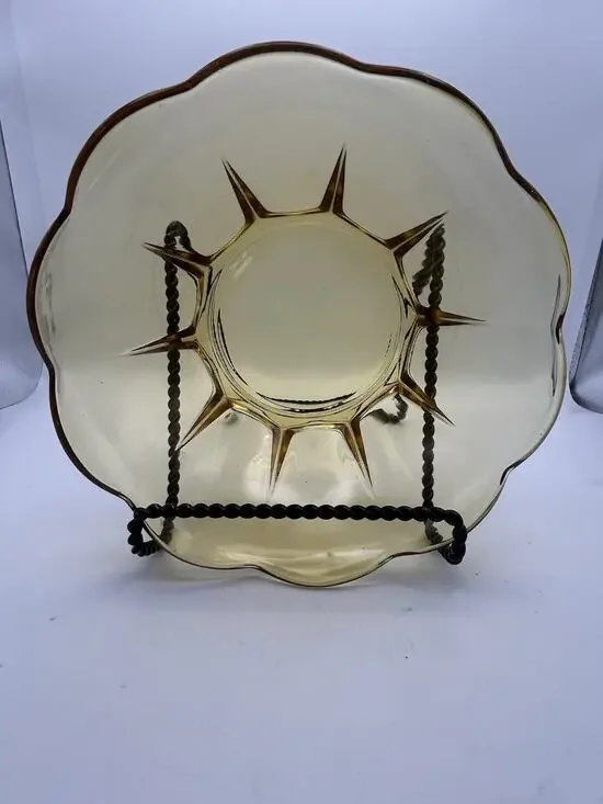 Anchor Hocking 1960s Paneled Amber Glass Bowl Scalloped Edge Yellow Gold Vintage