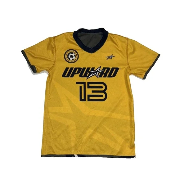 Upward Soccer Jersey Youth Large Yellow Gray Reversible Number 13‎ Short Sleeve