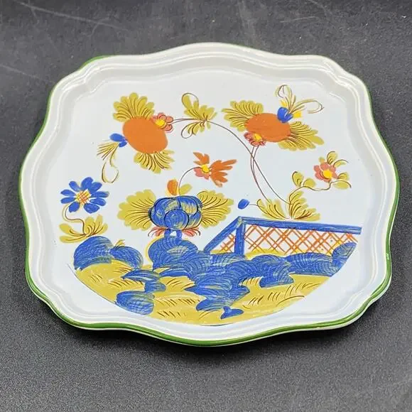 Faenza Italy Garofano Carnation Ceramic Dish Green Trim Garden Scene 8