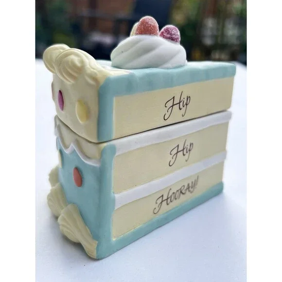 Hallmark Hip Hip Hooray Cake Slice Trinket Box Congrats Ceramic Keepsake w Card