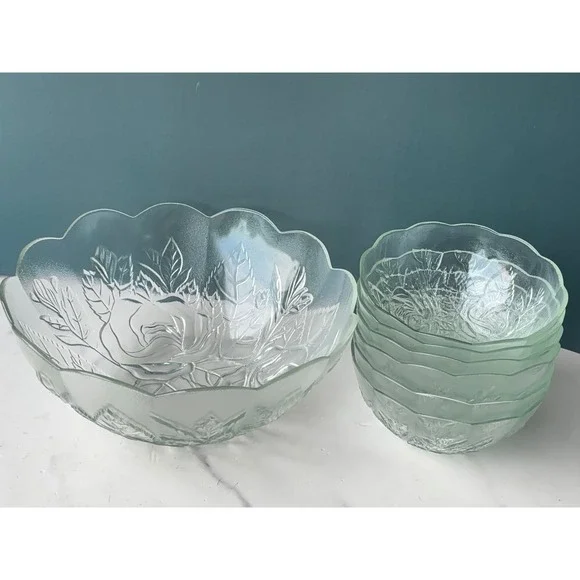 Clear Glass Rose Bowl Set 7pc Serving Scalloped Floral Vintage Fruit Salad
