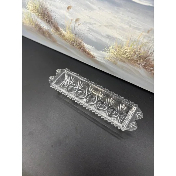 Vintage Clear Pressed Glass Celery Dish Relish Tray Starburst Sawtooth Footed