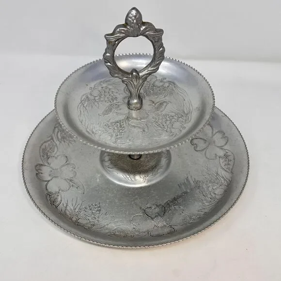 Vintage 2 Tier Hammered Aluminum Serving Tray Mid Century Dogwood Dessert Stand