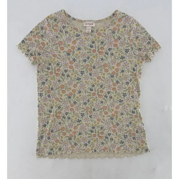 Cat & Jack Ditzy Floral Ribbed Knit Top Girls‎ Short Sleeve Beige Shirt L 10/12