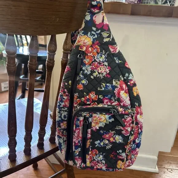 Vera Bradley Sling Backpack Pretty Posies Gray Pink Multi Floral Quilted Iconic