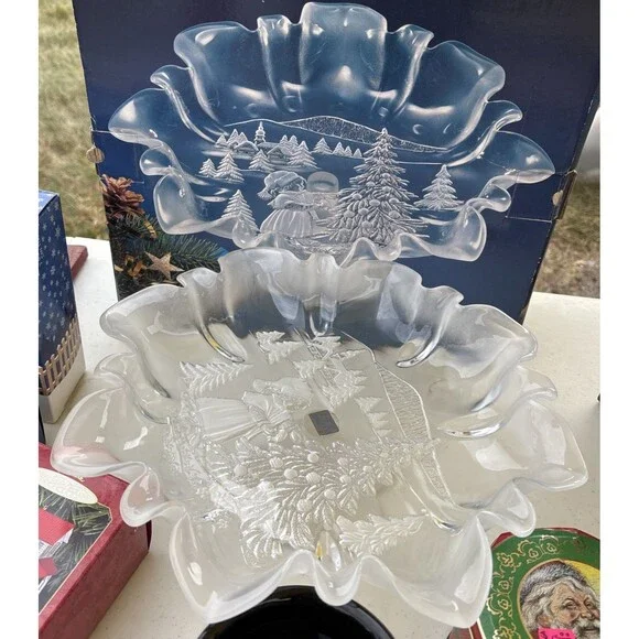 Mikasa Christmas Story 13 1/2” Glass Serving Canape Platter Frosted Ruffled NIB