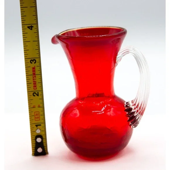Red Glass Pitcher Small Water Carafe‎ Hand Blown Crackle Style