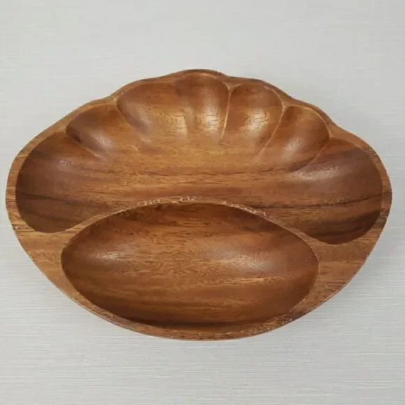 VTG Monkey Pod Wood Clamshell Shape Chip & Dip Tray Dish Bowl Farmhouse MCM