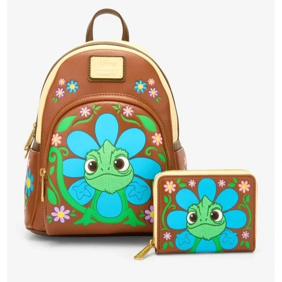 Loungefly Disney Tangled Pascal Chameleon‎ Floral Embroidered Backpack & WALLET