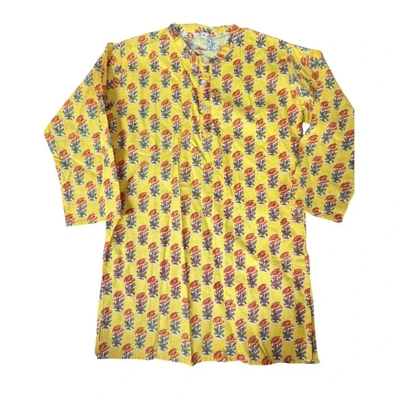 Yellow Floral Block Print Kurta Tunic Long Sleeve Cotton Band Collar Top Size 24