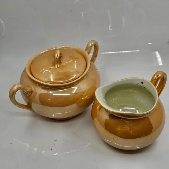 Meito China Orange Lusterware Sugar Bowl and Creamer Set Hand Painted Japan