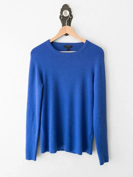 J Crew Merino Wool Blend Ribbed Sweater L Blue Long Sleeve Lightweight Knit
