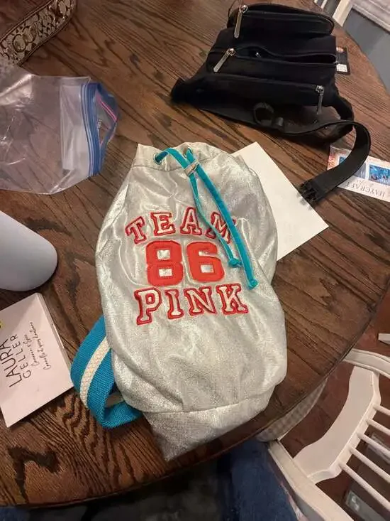 Victoria's Secret PINK Team 86 Metallic Silver Drawstring Backpack