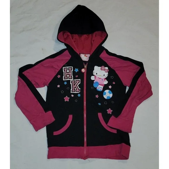 Hello Kitty Girls Hoodie Black/Pink Zip Up Jacket Size 7/8 Sanrio Lightweight
