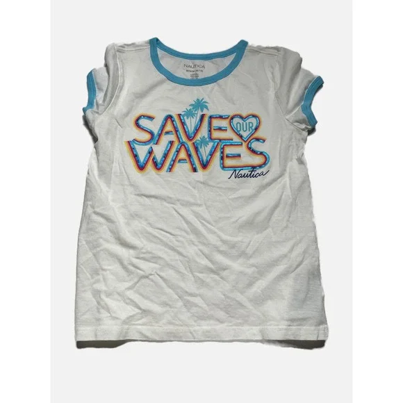 Nautica Graphic Tee Girls 8/10 White Save Our Waves Ringer Summer Coastal Beach