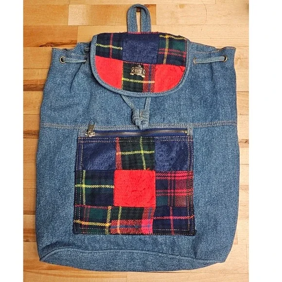 Classic Traditions‎ Vintage Denim Patchwork Backpack Plaid Rucksack Blue Medium