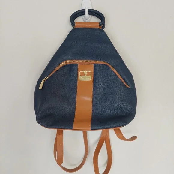 Valentina‎ Italian Leather Navy Tan Convertible Backpack Purse Top Handle Bag