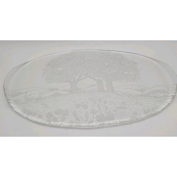Kosta Boda Vtg Crystal Art Glass Plate Tray Platter Forest Holiday Gift BIG