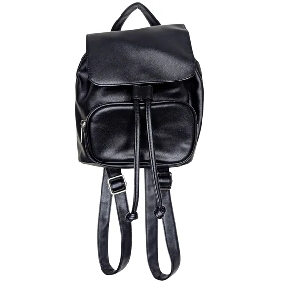 Wild Fable Women's Black Faux Leather Flap and Drawstring Casual Mini Backpack
