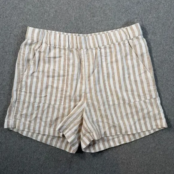 J.Crew Linen Blend Striped Shorts Women's Small Beige White Elastic Waist Pocket