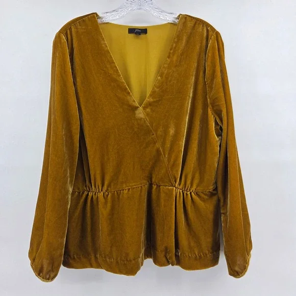 J. Crew Velvet Peplum Top 14 Gold V-Neck‎ Long Sleeve Luxe Boho Eclectic
