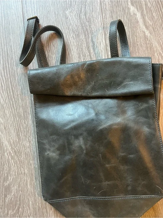 Black Leather Roll-Top Shoulder Bag