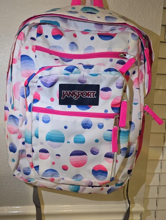 Jansport White Multicolor Bubble Print Backpack with Pink Accents